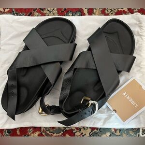 Black leather sandals, size 40